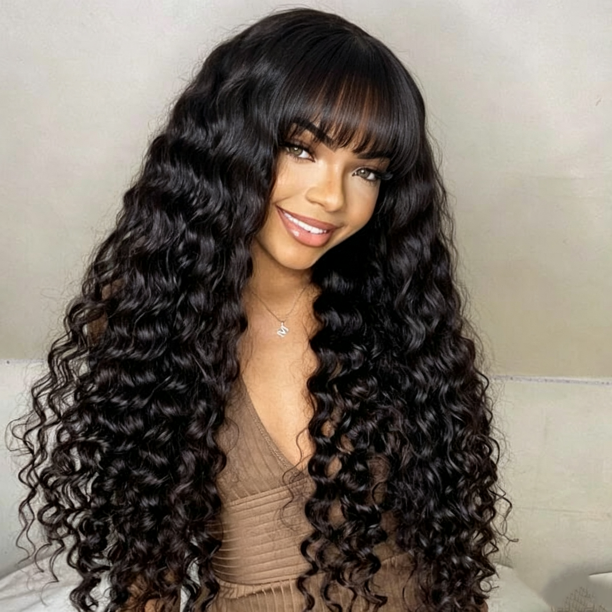 10″ – 40″ Natural Black Color Ripple Wave Human Hair Machine Made Wig